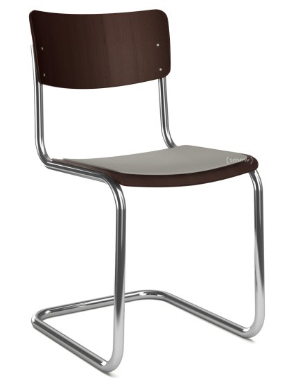 S 43 Klassik Freischwinger, Gestell verchromt, Buche gebeizt, Dunkelbraun (TP 89), Sitzauflage hellgrau meliert, ungepolstert, Ohne Gleiter