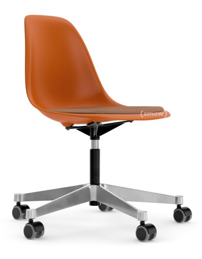 Eames Plastic Side Chair PSCC, Rostorange, Mit Sitzpolster, Cognac / elfenbein