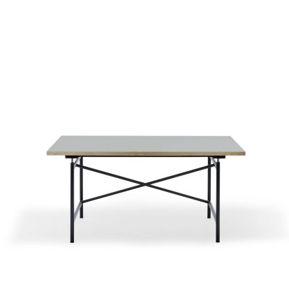 Eiermann 1 M Tisch (Mechanische Höhenverstellung), Linoleum aschgrau (Forbo 4132) mit Eichekante, 140 x 80 cm, Schwarz