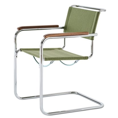 S 33 / S 34 V Soft Freischwinger, mit Armlehnen Nussbaum geölt, Verchromt, Stoff Nobel 68303 - grün, Ohne Gleiter