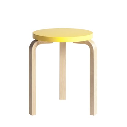 Hocker 60, Sitz lackiert gelb, Beine Birke klar lackiert
