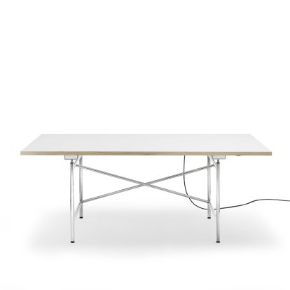 Eiermann 1 E Tisch (Elektrische Höhenverstellung), Melamin weiß mit Eichekante, 180 x 90 cm, Chrom, Mit Kabelkanal