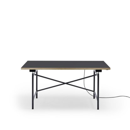 Eiermann 1 E Tisch (Elektrische Höhenverstellung), Linoleum holzkohle (Forbo 4166) mit Eichekante, 140 x 80 cm, Schwarz, Mit Kabelkanal