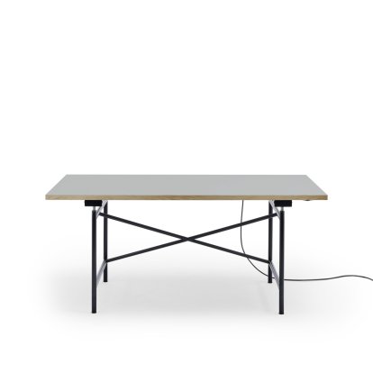 Eiermann 1 E Tisch (Elektrische Höhenverstellung), Linoleum aschgrau (Forbo 4132) mit Eichekante, 160 x 80 cm, Schwarz, Mit Kabelkanal