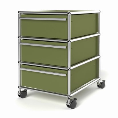 USM Haller Rollcontainer mit 3 Schubladen Typ 1 (mit Gegengewicht), Kein Schloss, Olivgrün RAL 6003