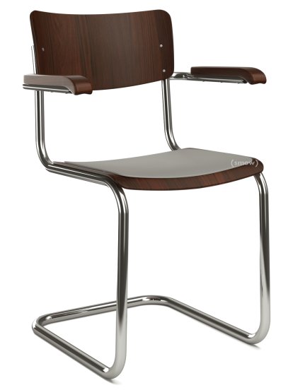 S 43 F Klassik Freischwinger, Gestell verchromt, Buche gebeizt, Nussbaumfarbig (TP 24), Sitzauflage hellgrau meliert, ungepolstert, Ohne Gleiter