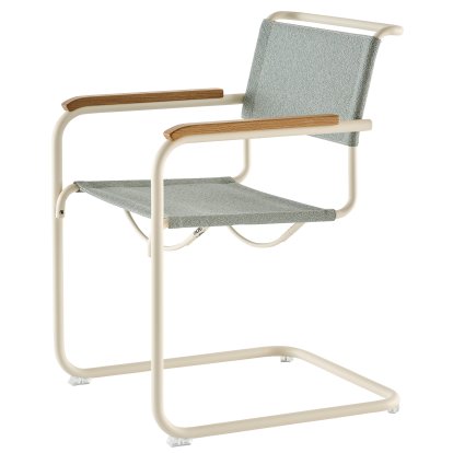 S 33 / S 34 V Soft Freischwinger, mit Armlehnen Eiche geölt, Perlweiß matt pulverbeschichtet, Stoff Cento ray - hellblau, Kunststoffgleiter transparent mit Filz