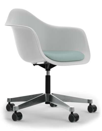 Eames Plastic Armchair PACC, Cotton white, Mit Sitzpolster, Eisblau / elfenbein