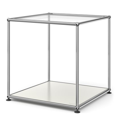USM Haller Hoher Beistelltisch 50, Oben Glas, unten Metall, Reinweiß RAL 9010