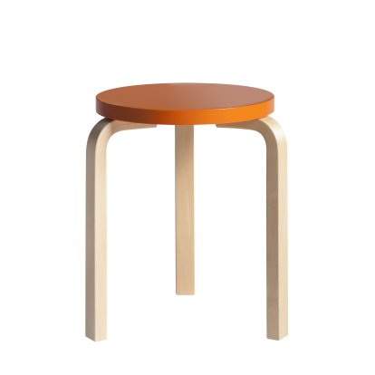 Hocker 60, Sitz lackiert orange, Beine Birke klar lackiert