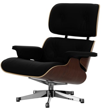 Eames Lounge Chair, Nussbaum dunkel, Leder Premium F nero, 89 cm, Aluminium poliert
