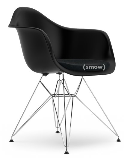 Eames Plastic Armchair DAR, Tiefschwarz, Mit Sitzpolster, Nero, Standardhöhe - 43 cm, Verchromt