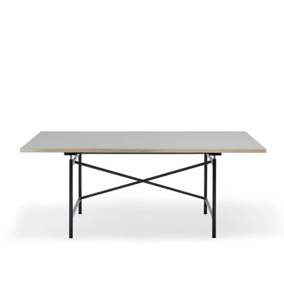 Eiermann 1 M Tisch (Mechanische Höhenverstellung), Linoleum aschgrau (Forbo 4132) mit Eichekante, 180 x 90 cm, Schwarz