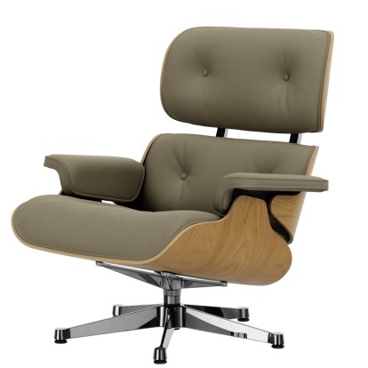 Eames Lounge Chair, Kastanie natur, Leder Premium F sand, 84 cm - Originalhöhe 1956, Aluminium poliert