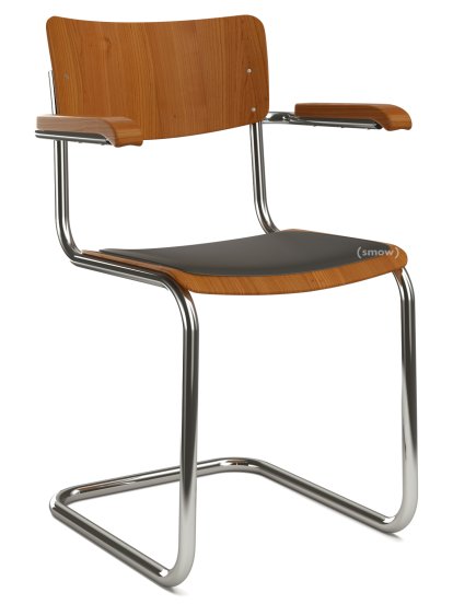 S 43 F Klassik Freischwinger, Gestell verchromt, Buche gebeizt, Kirschbaumfarbig, Sitzauflage schwarz, gepolstert, Kunststoffgleiter schwarz mit Filz
